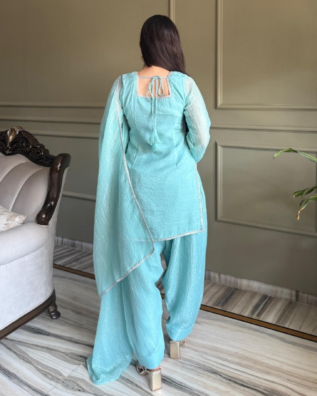 Ready To Wear Sky Blue Crunchy Silk Embroidery Farshi Salwar Suit With Dupatta