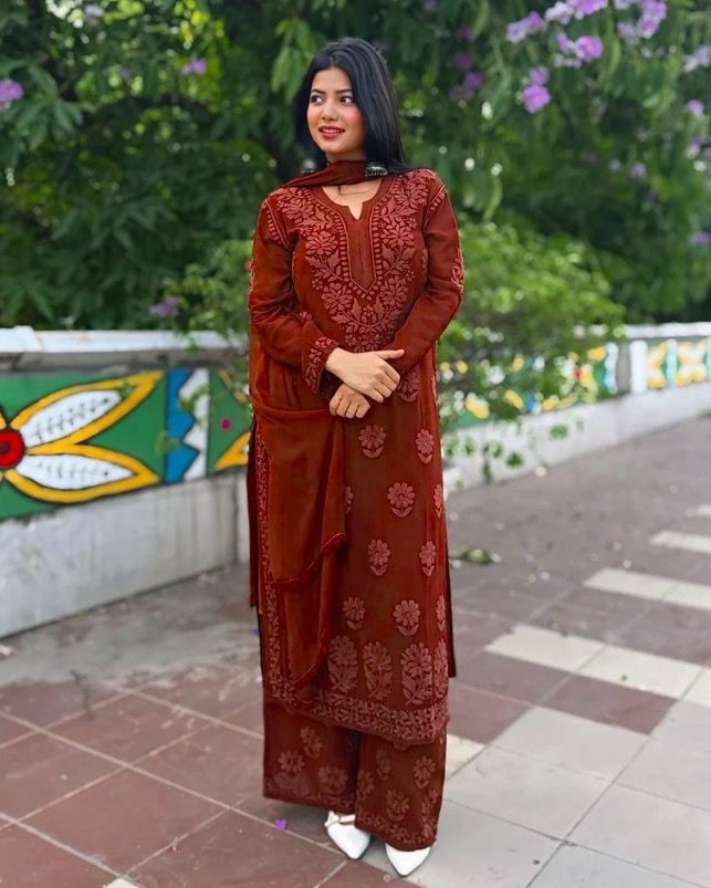 Ready To Wear Pink Brown Green Red Soft Georgette Chikankari Kurti Palazo With Dupatta