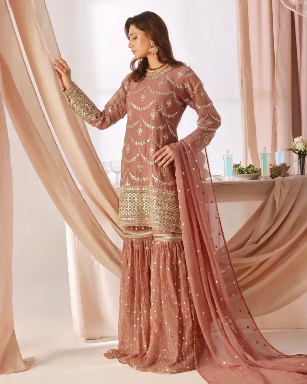 Ready To Wear Red Lavender Peach Blue Soft Georgette Embroidery Kurti Sharara With Dupatta