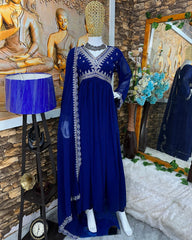 Ready To Wear Blue Faux Georgette Embroidery Work Alia Cut Suit With Dupatta