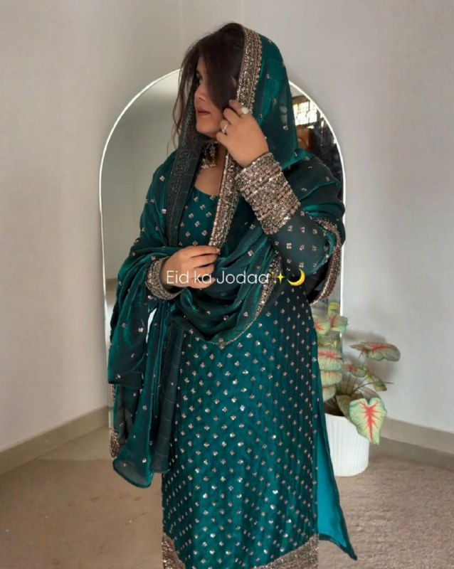 Exclusive Teal Green Simmer Silk Embroidery Kurti Pant With Dupatta