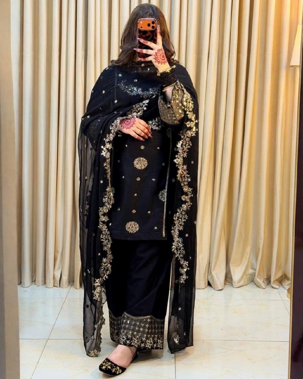 Ready To Wear Black French Crep Silk Embroidery Kurti Farshi Salwar With Dupatta