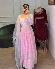 Ready To Wear Baby Pink Pure Georgette Embroidery Work Anarkali Gown With Dupatta