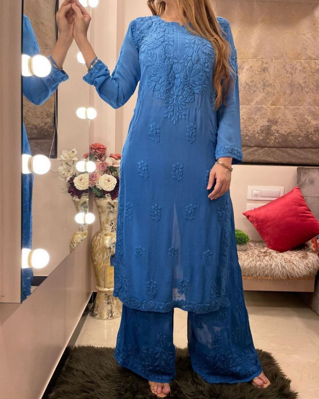 Ready To Wear Blue Rayon Cotton Embroidery Work Chikan Kari Suit With Dupatta