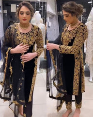 Designer Black Pure Georgette Embroidery Work Pant Suit With Dupatta