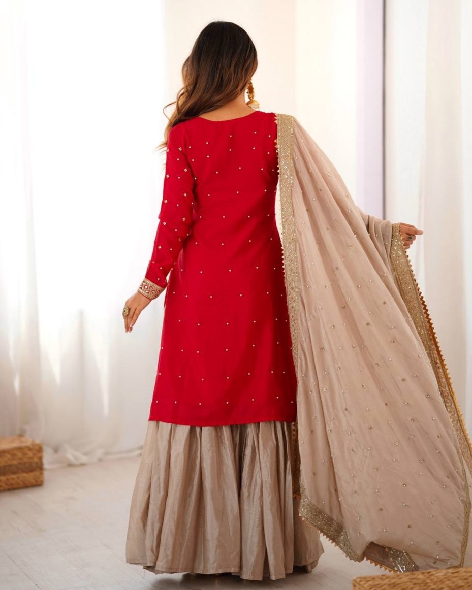 Premium Handcrafted Soft Chinon Silk Coding Embroidery Thread Sharara Suit With Dupatta