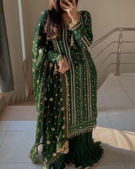 Ready To Wear Green Pure Georgette Embroidery Work Plazzo Suit With Dupatta