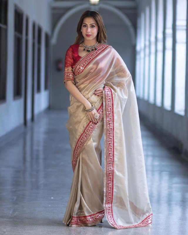 Exclusive Gold Red Soft Net Embroidery Saree With Blouse