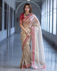 Exclusive Gold Red Soft Net Embroidery Saree With Blouse