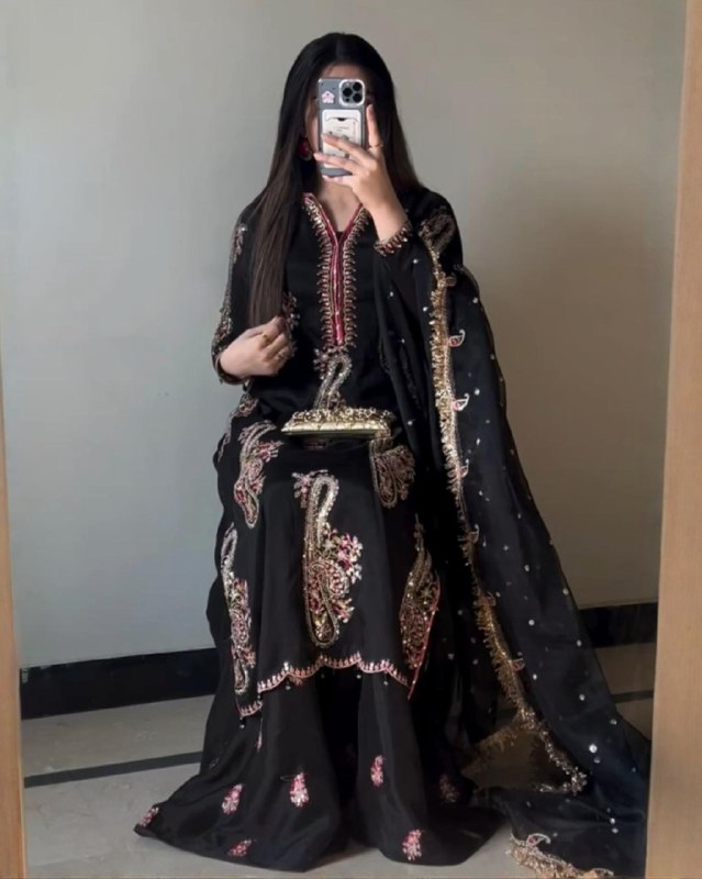 Ready To Wear Black Chinon Silk Embroidery Plazzo Kurti With Dupatta