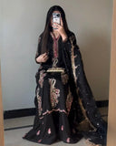 Ready To Wear Black Chinon Silk Embroidery Plazzo Kurti With Dupatta