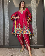 Ready To Wear Red Chinon Silk Embroidery Work Tulip Suit With Dupatta