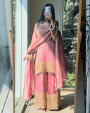 Exclusive Pink And Sky Frendy Silk Embroidery Palazo Kurti With Dupatta