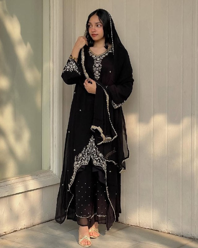 Exclusive Black And Red Soft Georgette Embroidery Palazo Kurti With Dupatta
