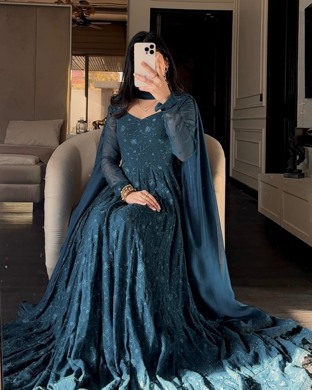 Ready To Wear Deep Teal Blue Soft Georgette Embroidery Gown Pant With Dupatta