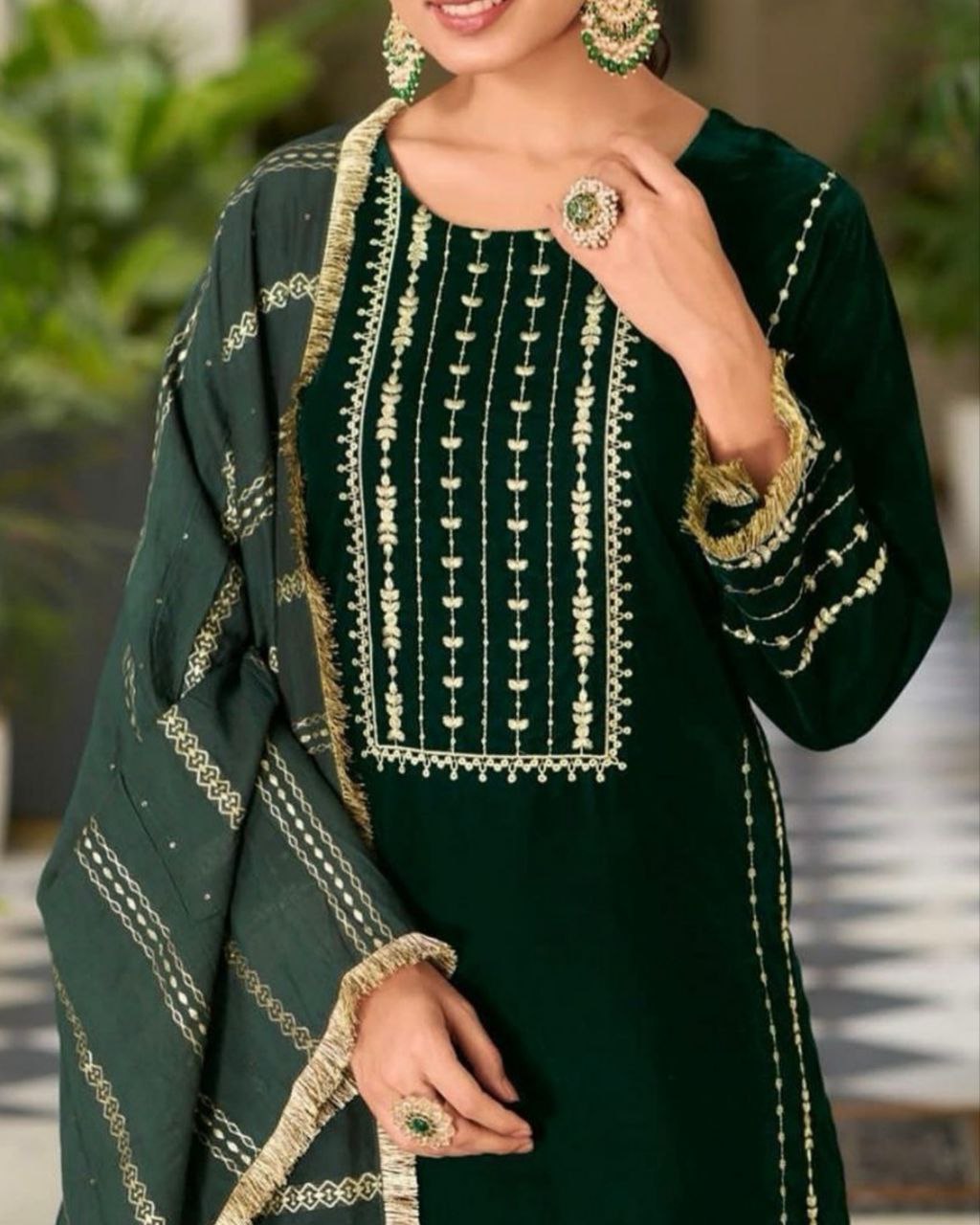 Designer Dark Green Heavy Velvet Embroidery Work Pant Suit With Dupatta