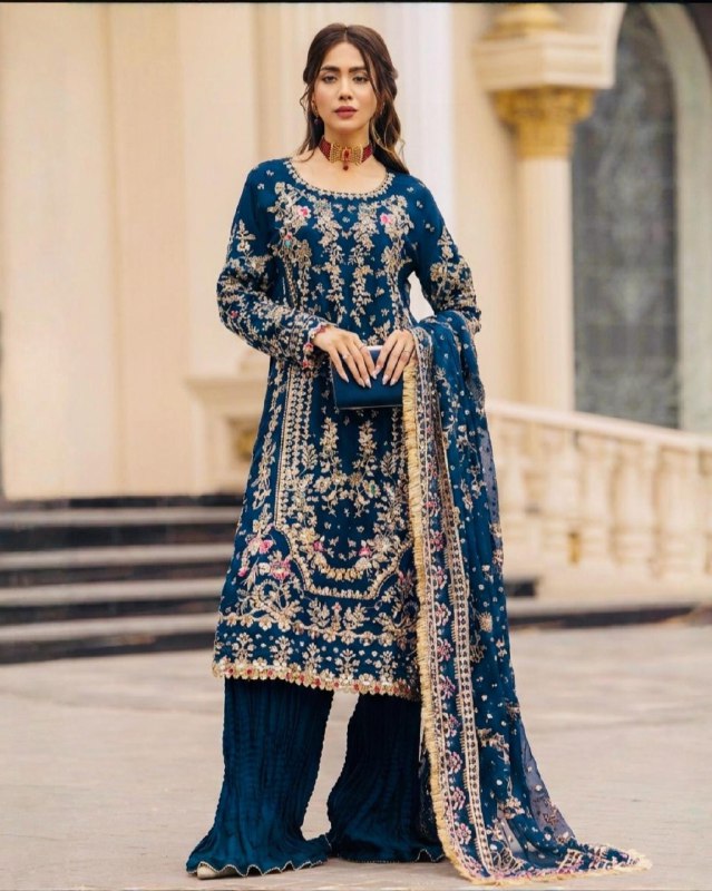 Exclusive Red And Blue Soft Georgette Embroidery Palazo Kurti With Dupatta