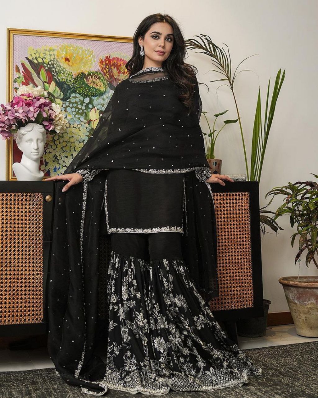 Ready To Wear Black Pure Georgette Embroidery Work Gharara Suit With Dupatta