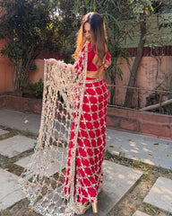 Exclusive Red Fendy Silk Mirror Work Saree With Blouse