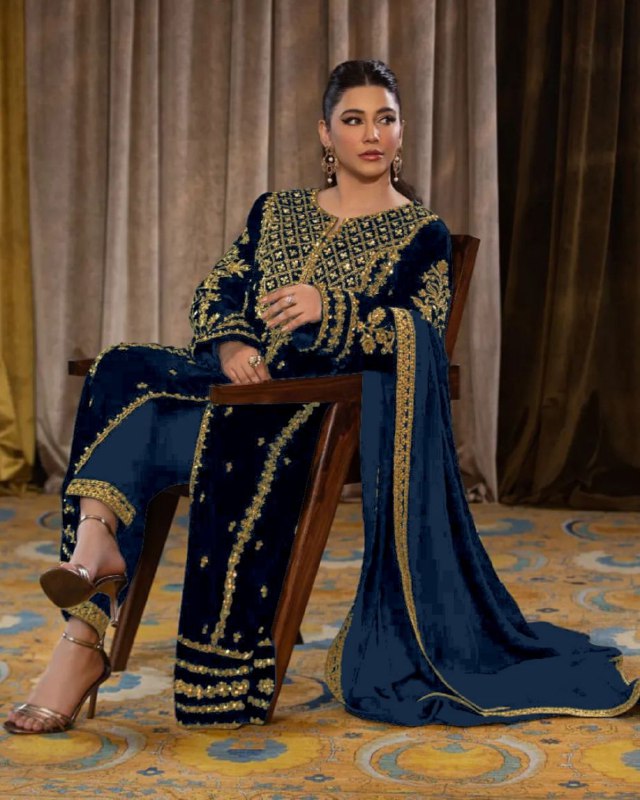 Ready To Wear Blue Micro Velvet Embroidery Work Pakistani Suit With Dupatta