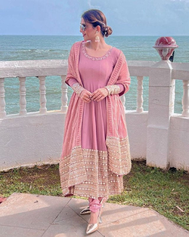 Ready To Wear Baby Pink Pure Georgette Embroidery Work Anarkali Suit With Dupatta