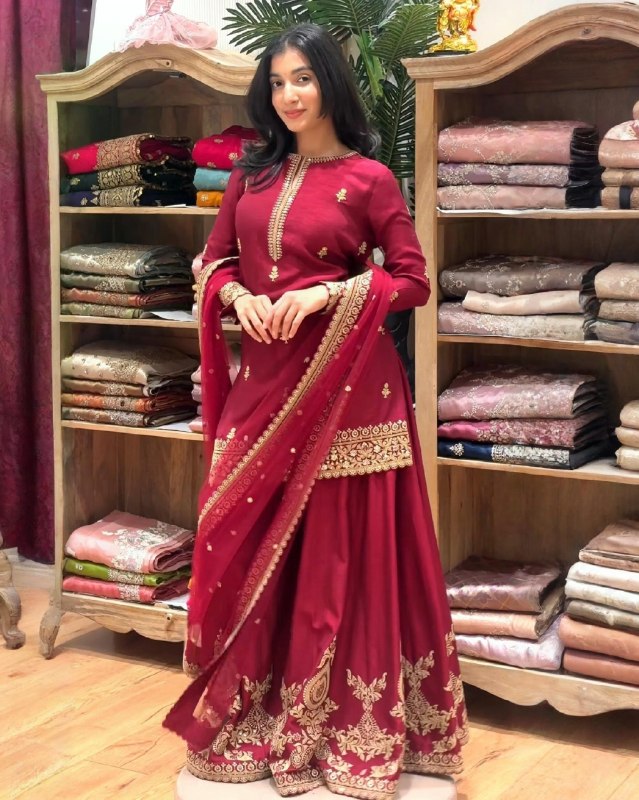 Ready To Wear Maroon Chinon Silk Palazo Kurti With Dupatta