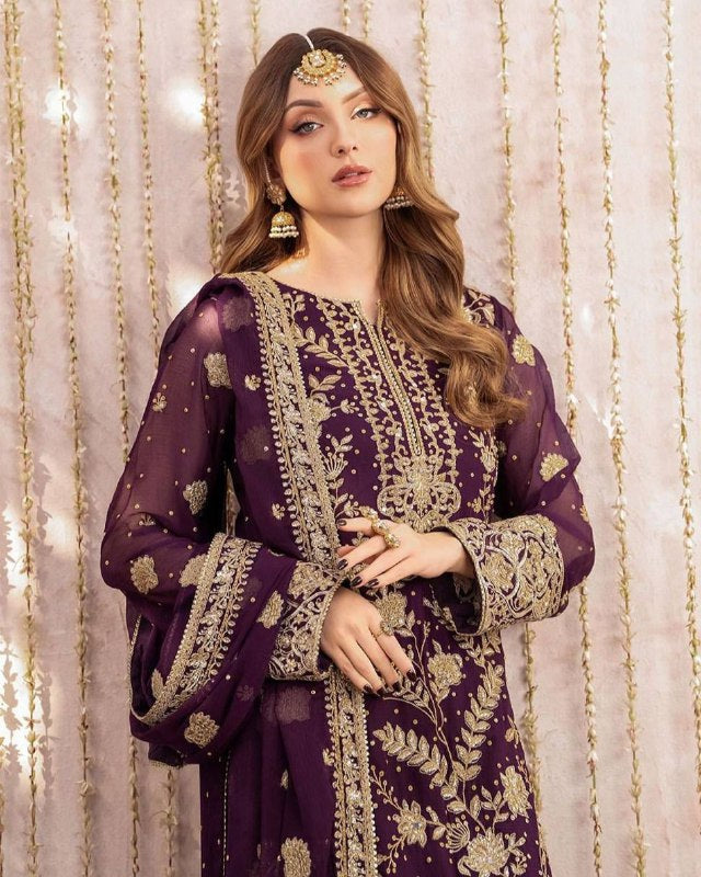 Ready To Wear Purple Soft Georgette Embroidery Palazo Kurti With Dupatta