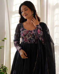 Ready To Wear Black Organza Silk Floral Print Work Anarkali Suit With Dupatta