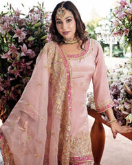 Designer Peach Pink Faux Georgette Embroidery Work Gharara Suit With Dupatta