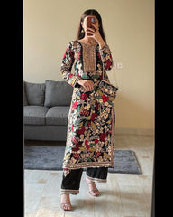 Ready To Wear Black Tapeta Silk Embroidery Work Pakistani Suit With Dupatta