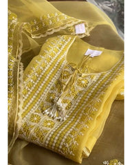 Ready To Wear Yellow Organza Silk  Embroidery Work Pant Suit With Dupatta