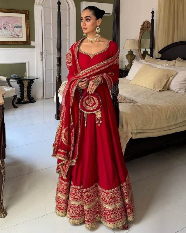 Ready To Wear Crimson Red Chinon Silk Embroidery Gown Pant With Dupatta