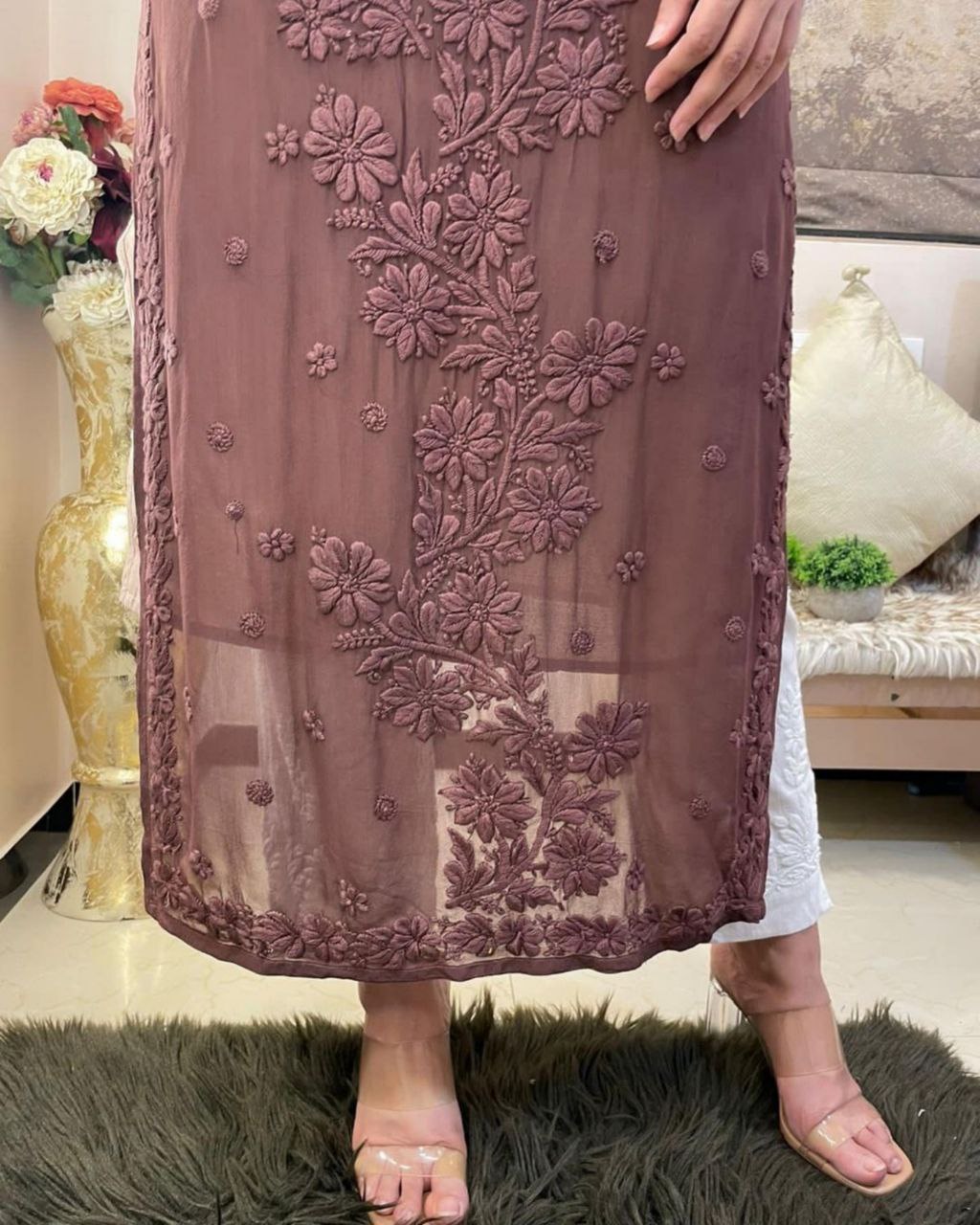 Ready To Wear Brown Soft Georgette Thread Work Pant Suit With Dupatta