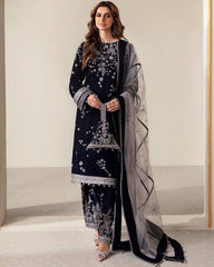 Ready To Wear Blue Malmal Velvet Embroidery Work Pant Suit With Dupatta