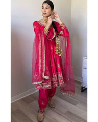 Ready To Wear Hot Pink Pure Georgette Sequence Work Punjabi Suit With Dupatta