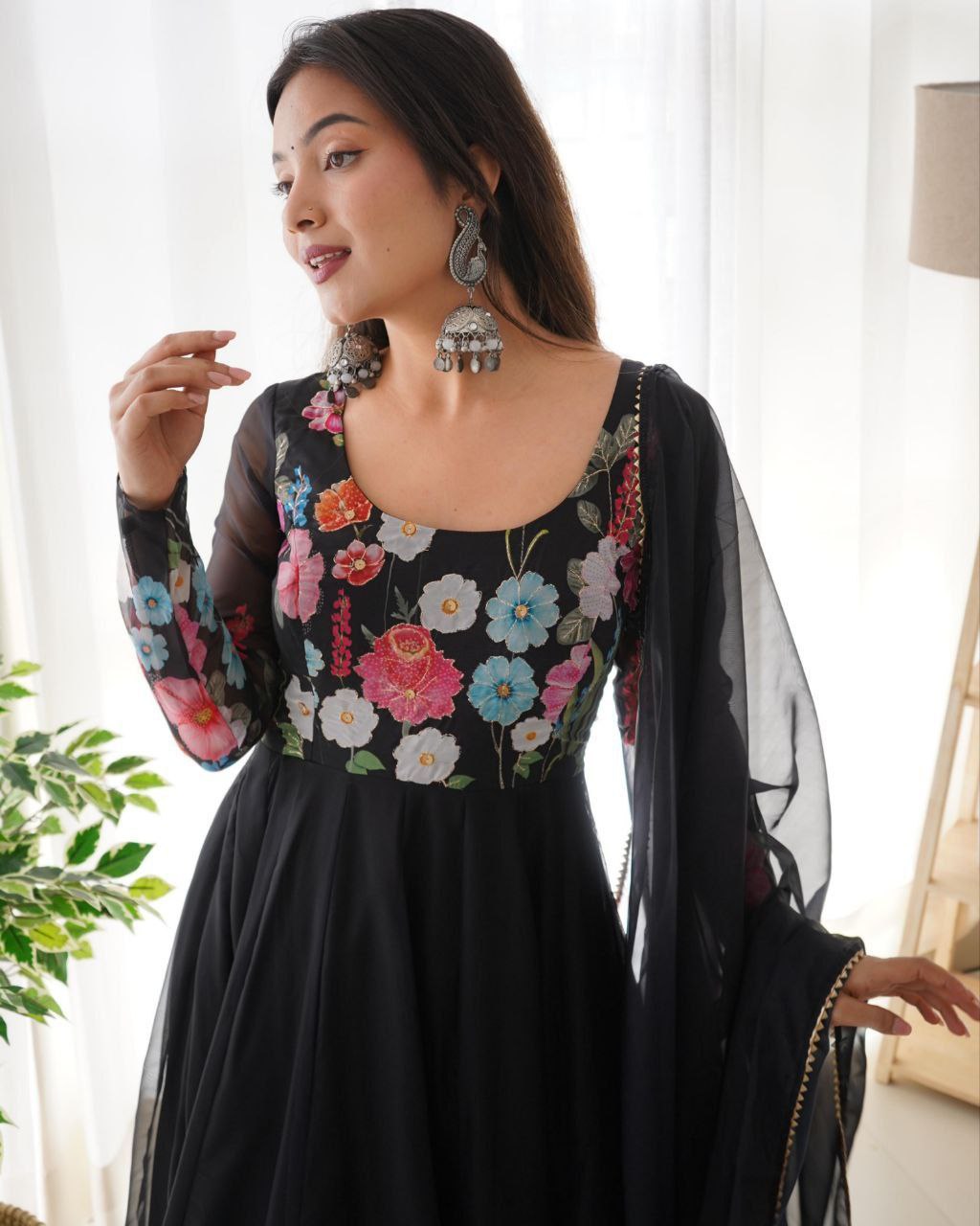 Ready To Wear Black Organza Silk Floral Print Work Anarkali Suit With Dupatta