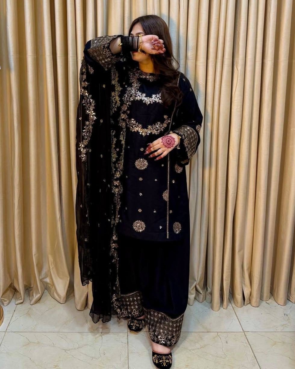 Ready To Wear Black French Crep Silk Embroidery Kurti Farshi Salwar With Dupatta