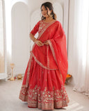 Premium Red Premium Shimmer Silk Embroidery Lehenga Blouse With Dupatta