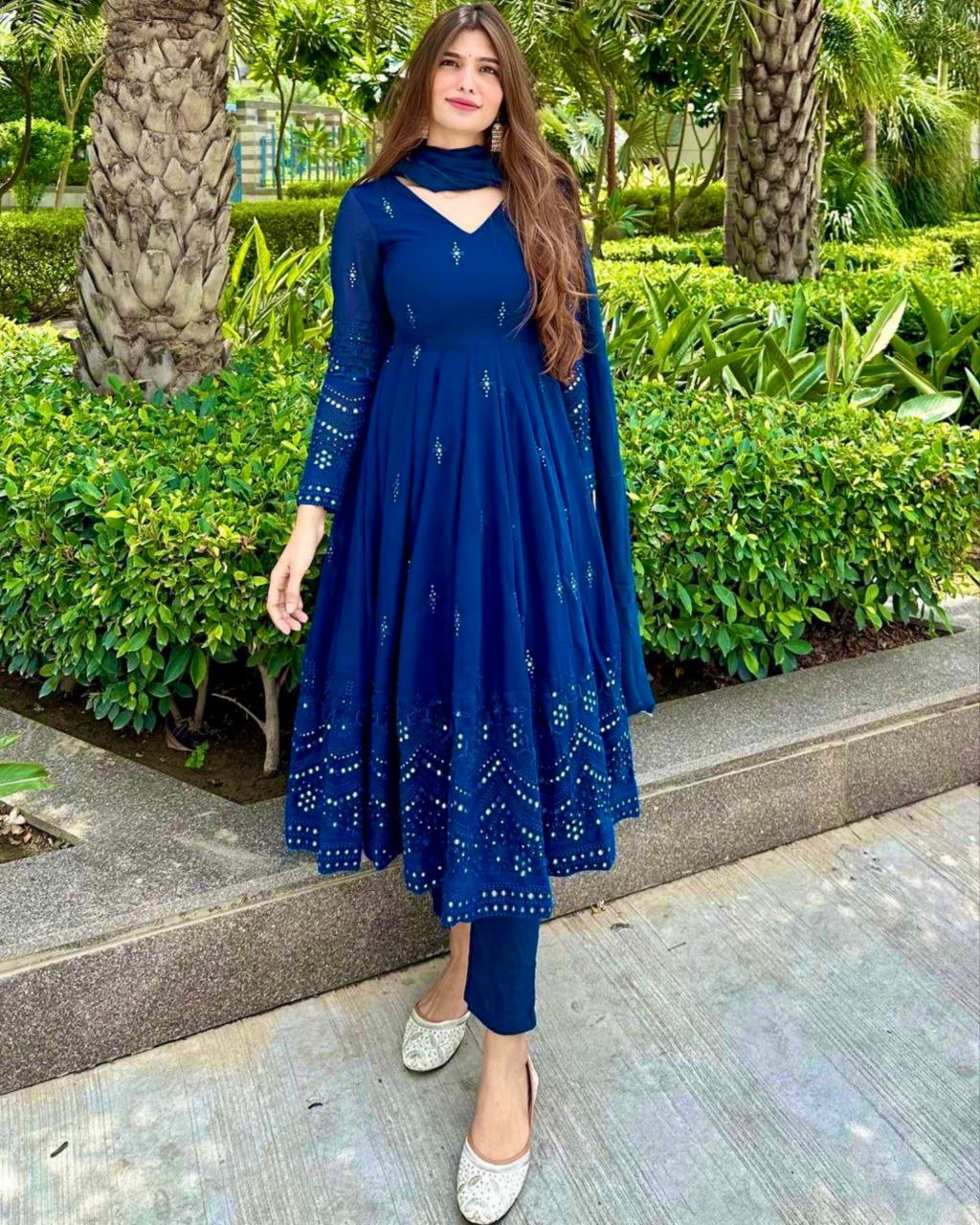 Ready To Wear Blue Faux Georgette Embroidery Work Anarkali Suit With Dupatta