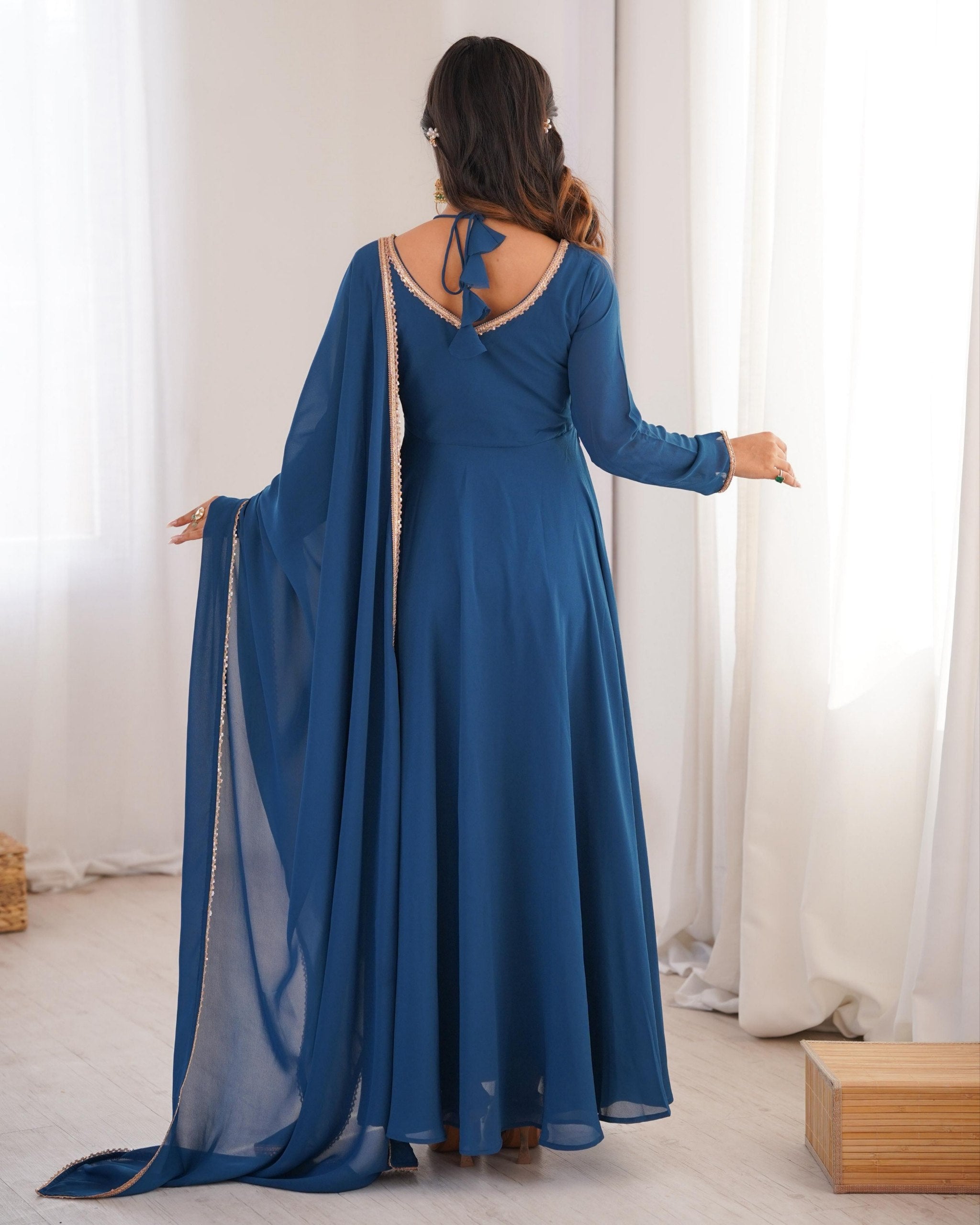 Exclusive Blue Soft Georgette Embroidery Gown Set With Dupatta