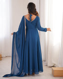 Exclusive Blue Soft Georgette Embroidery Gown Set With Dupatta