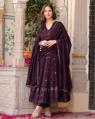 Ready To Wear Wine Pure Georgette Embroidery Work Anarkali Suit With Dupatta