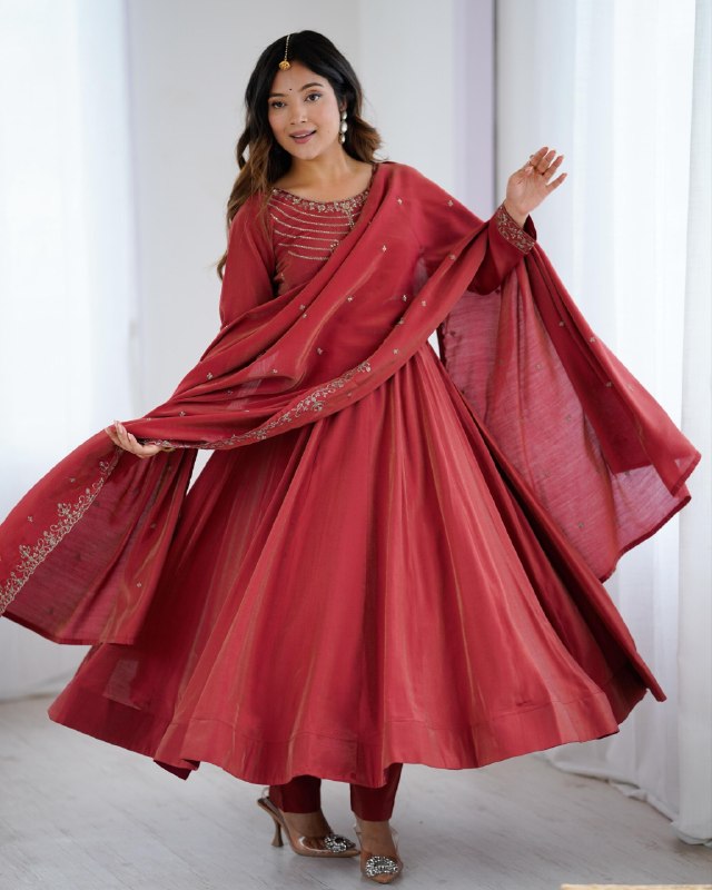 Premium Maroon Pure Roman Shimmer Chanderi Silk Anarkali Suit With Dupatta