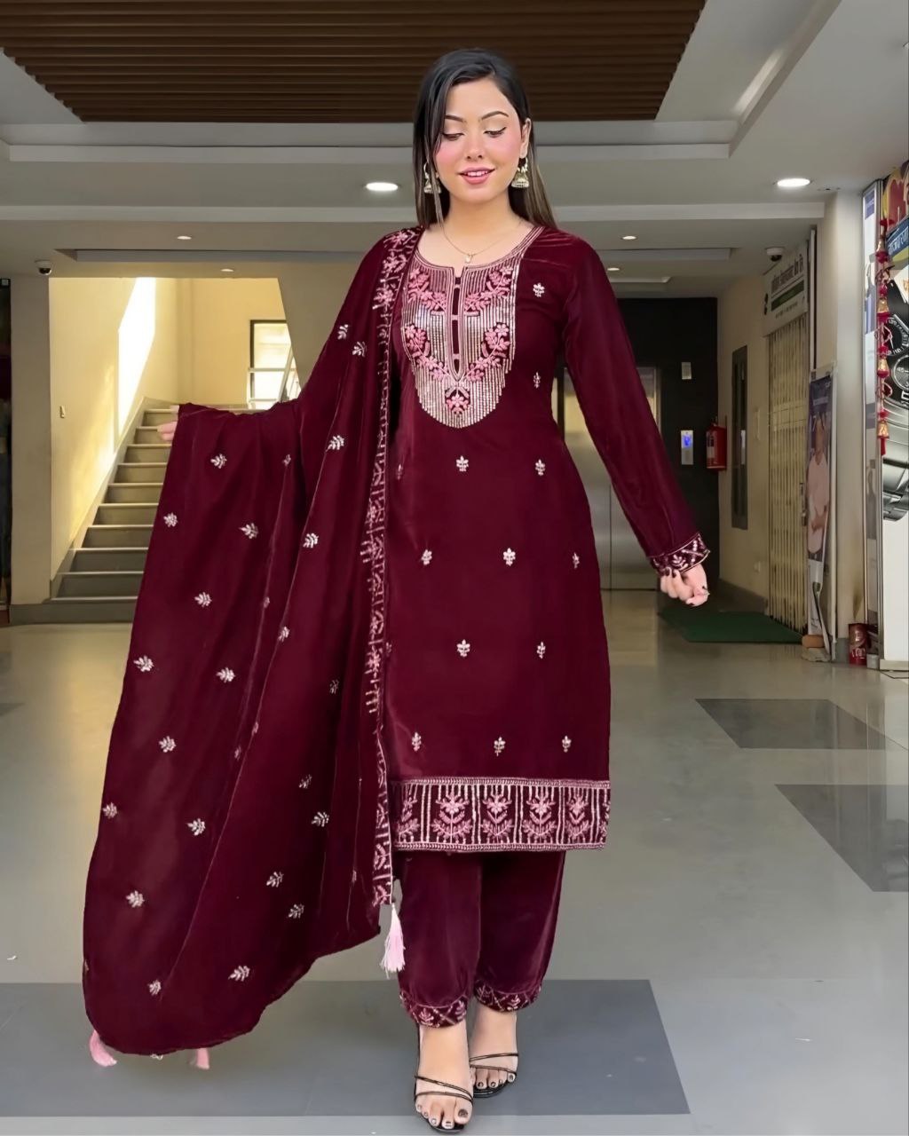 Ready To Wear Micro Velvet Embroidery Work Pakistani Suit With Dupatta