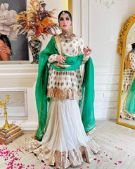 Designer Pure Georgette Embroidery Work Off White Gharara Suit With Green Dupatta