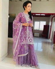 Designer Lilac Soft Mono Net Embroidery Work Gharara Suit With Dupatta