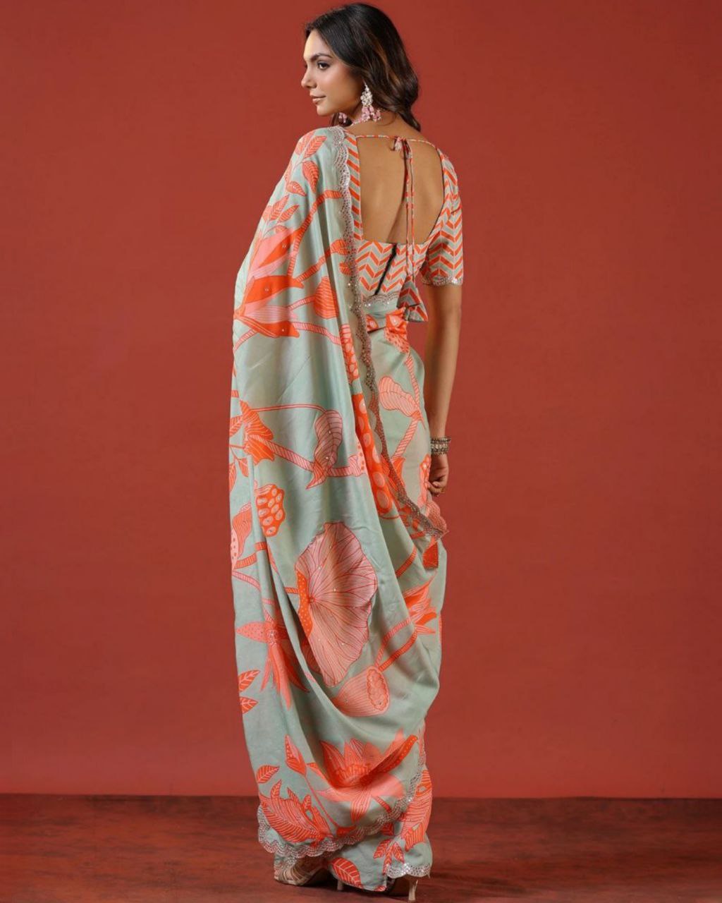 Designer Orange-Grey Vichitra Silk Floral Printed Saree With Blouse