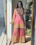 Exclusive Pink And Sky Frendy Silk Embroidery Palazo Kurti With Dupatta