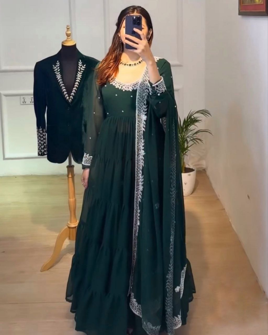 Ready To Wear Dark Green Heavy Georette Sequence Work Gown With Dupatta