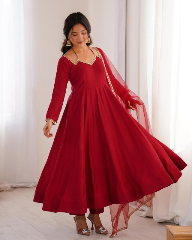 Premium Maroon Chanderi Roman Silk Embroidery Anarkali Suit With Dupatta